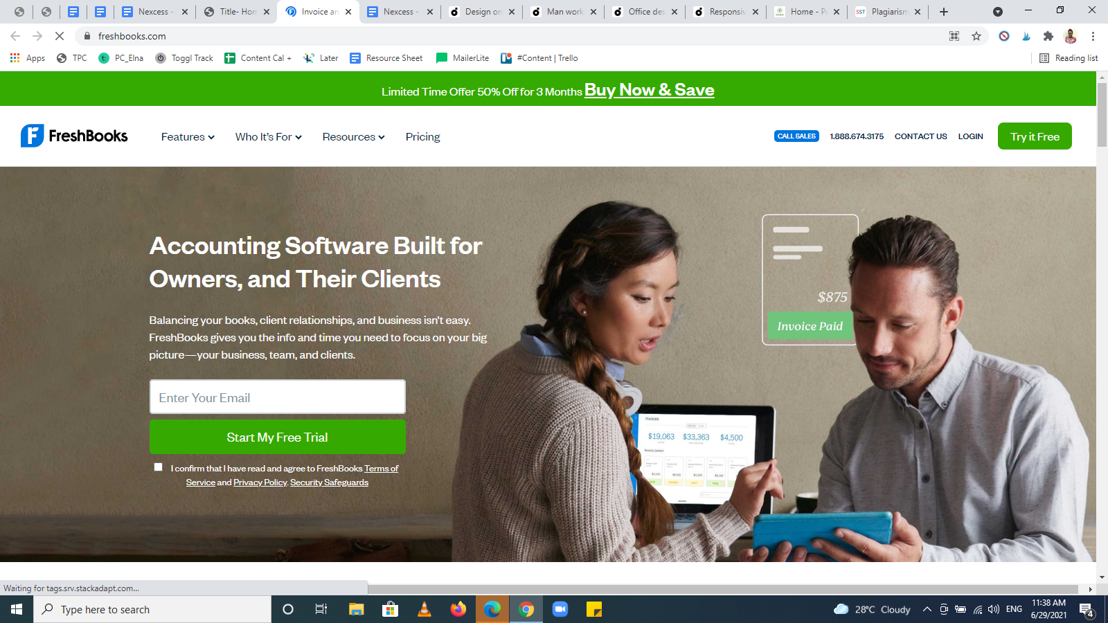 Ejemplo de página de inicio de FreshBooks
