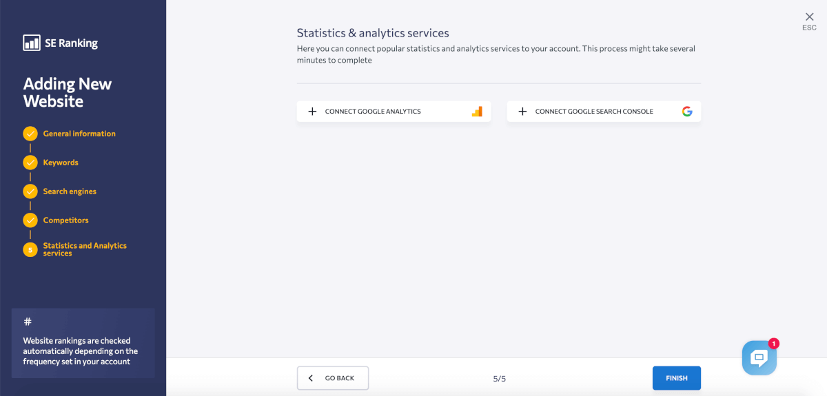 Screenshot del processo di configurazione di SE Ranking Tracker