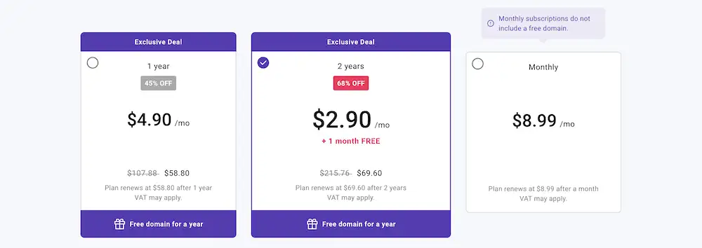 Zyroウェブサイトビルダーレビュー:Zyroの価格設定オプションの選択。