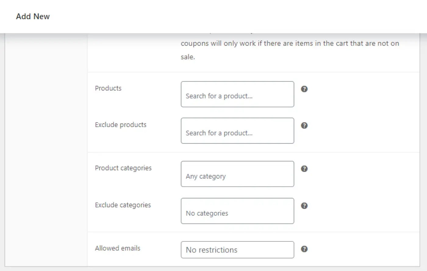 Selección de productos para incluir y excluir.