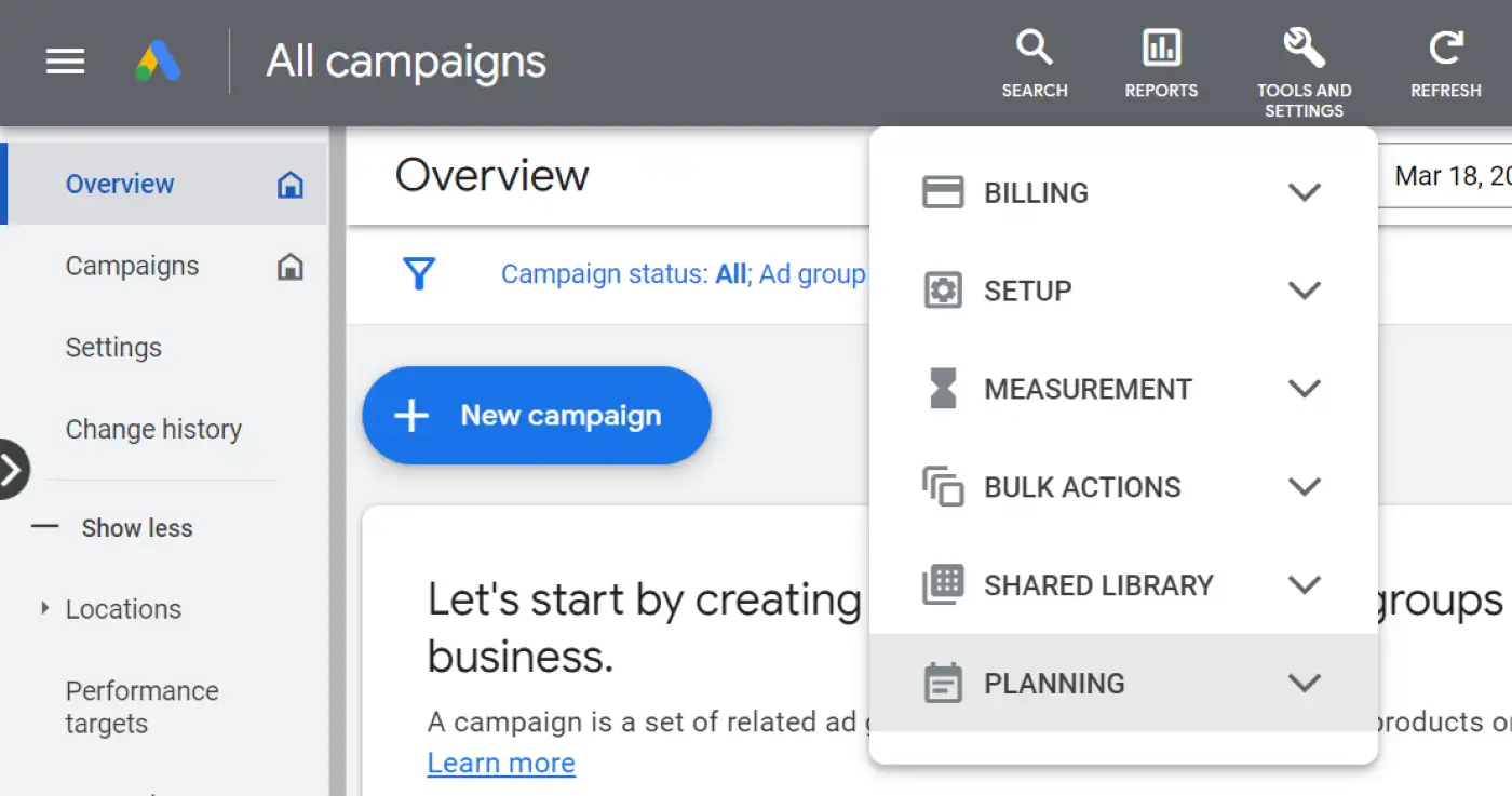 Option Outils et paramètres dans Google Ads