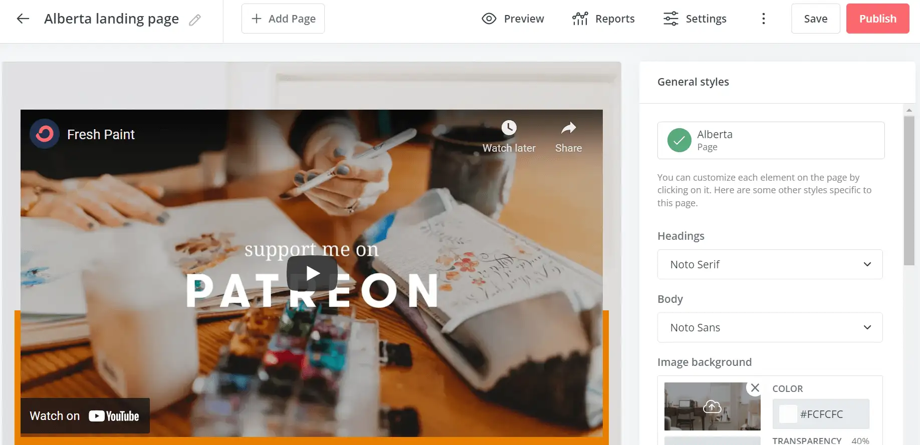 El editor de la página de destino de ConvertKit.