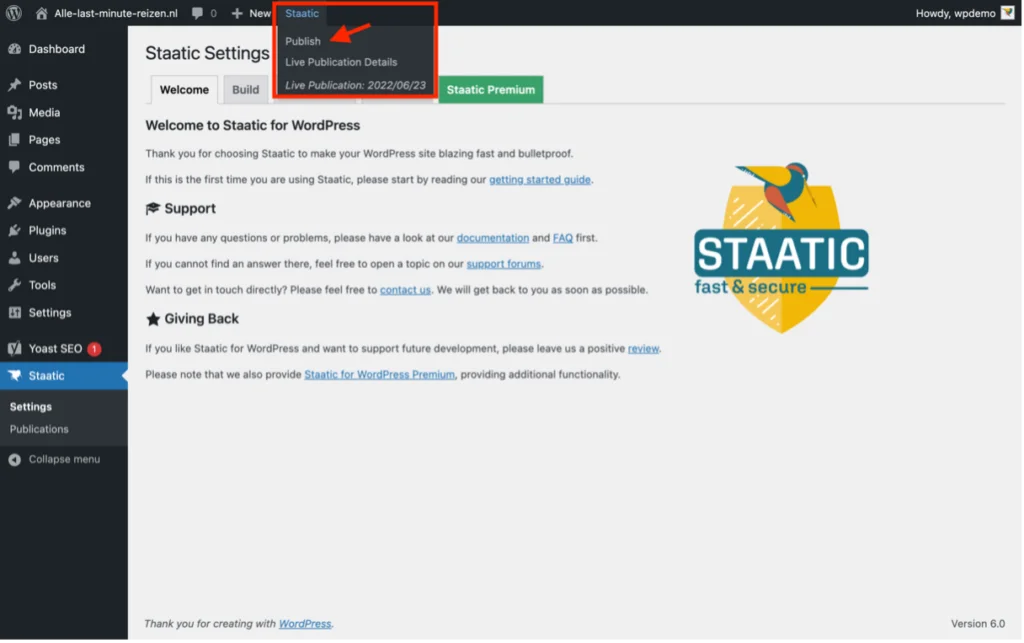 Staatic 發布靜態站點發布按鈕在 WordPress 管理面板頂部欄中的位置