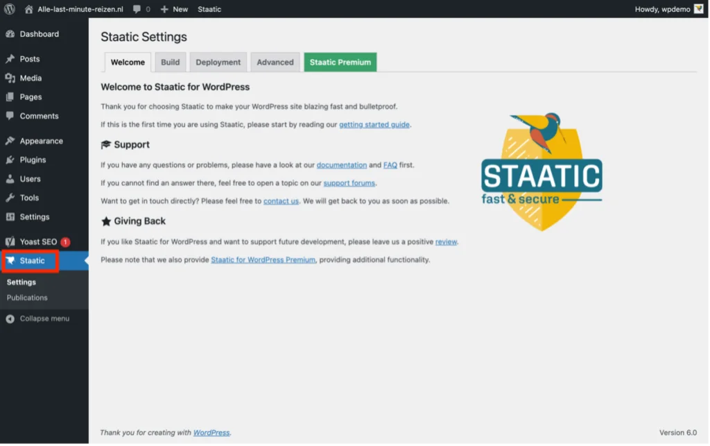 Staatic 項目在 WordPress 管理面板菜單中的位置
