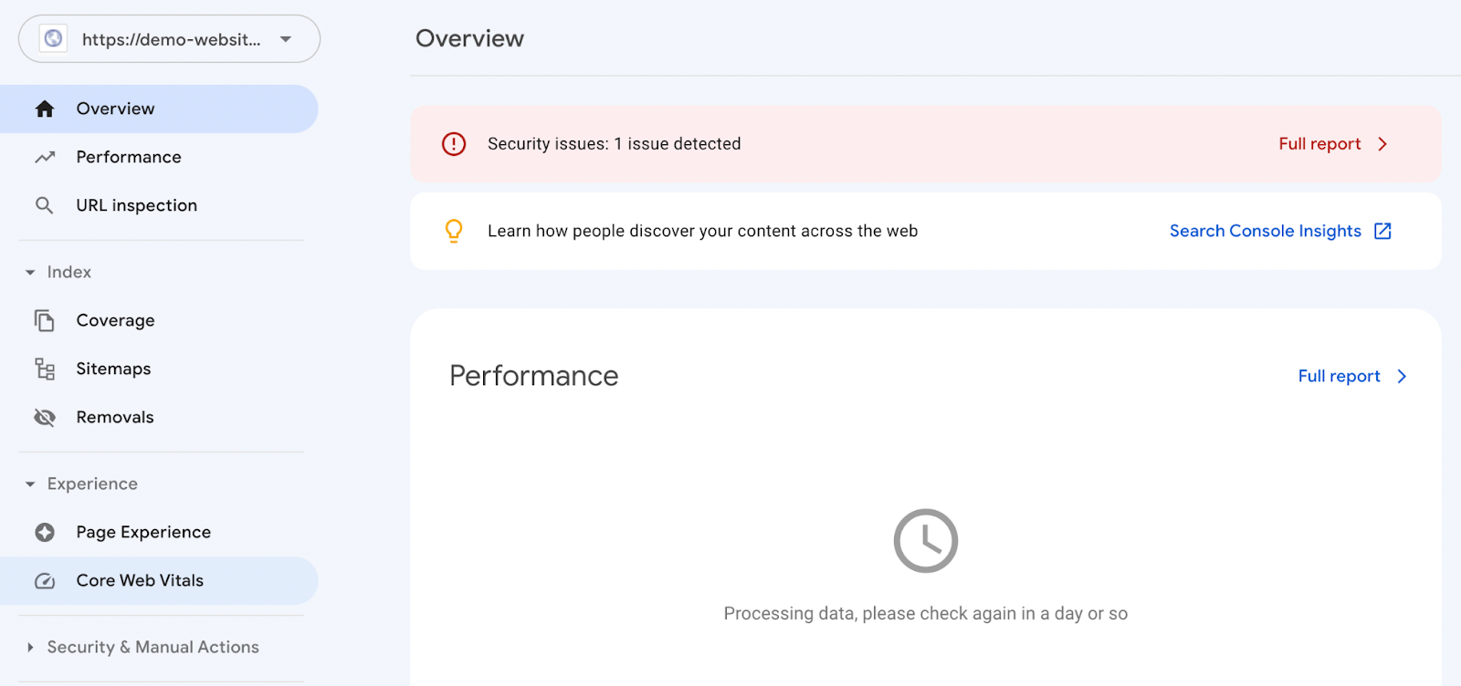 Pestaña principal de web vitals en Google Search Console