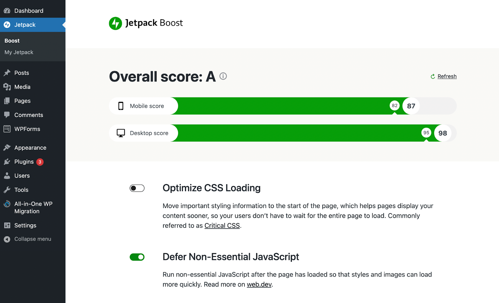 diferir JavaScript no esencial con Jetpack Boost