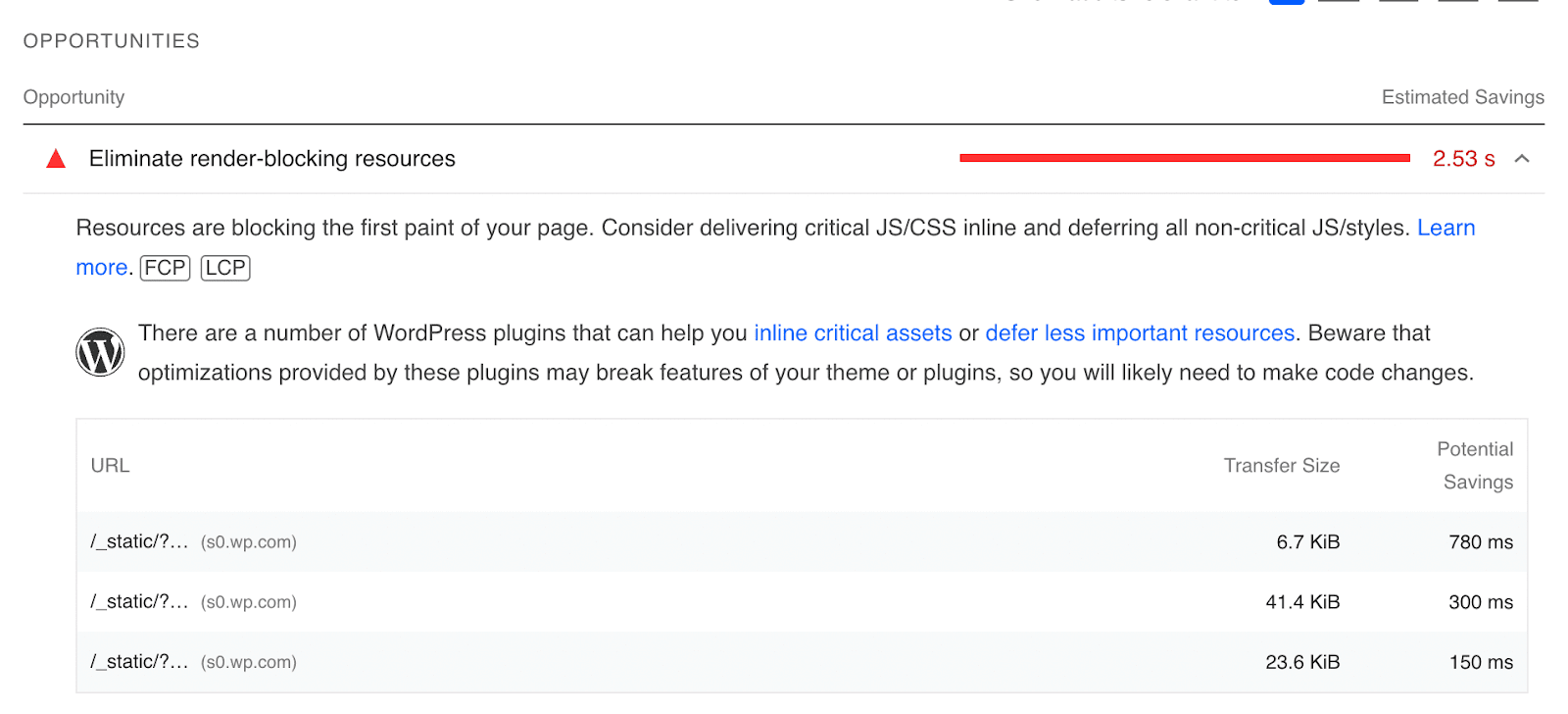 recursos de bloqueo de procesamiento que se muestran en Google PageSpeed
