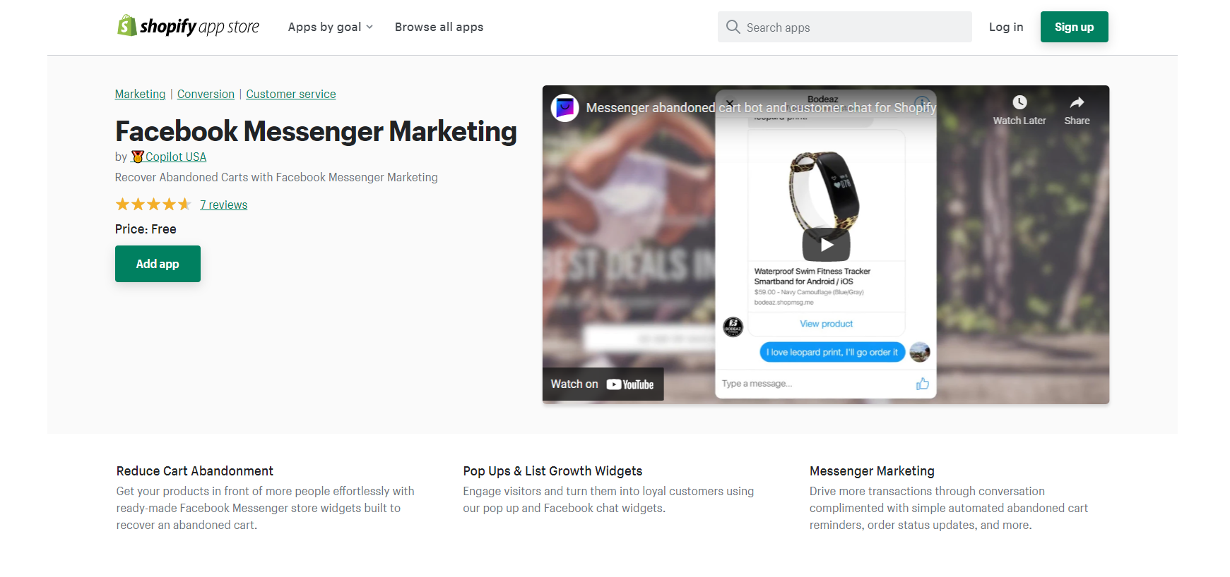 Aplicație gratuită Shopify - Facebook Messenger Marketing