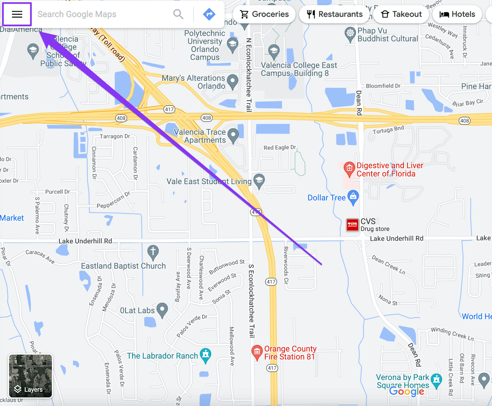 如何在 Google 地圖中單擊菜單的示例