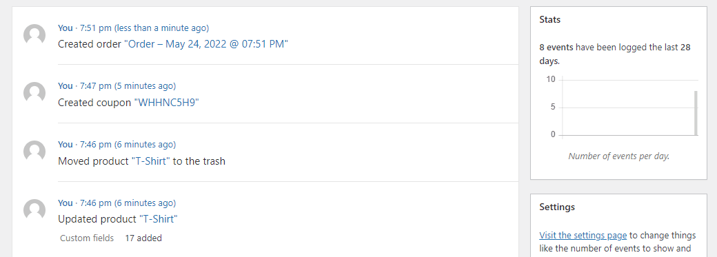 El registro de actividad de WooCommerce.
