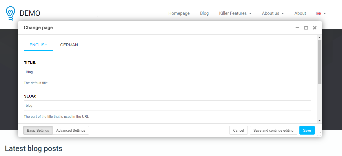 Configurar los ajustes de la página en Django