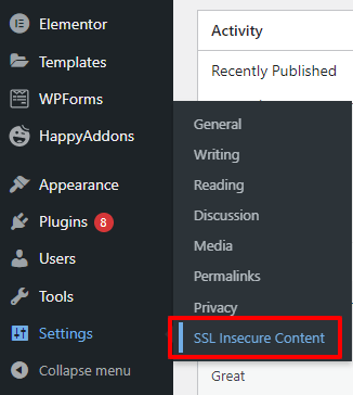 Comment résoudre les problèmes de contenu mixte dans WordPress 6 Go to Settings-SSL Insecure Content