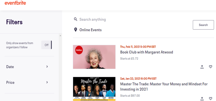 Домашняя страница Eventbrite.