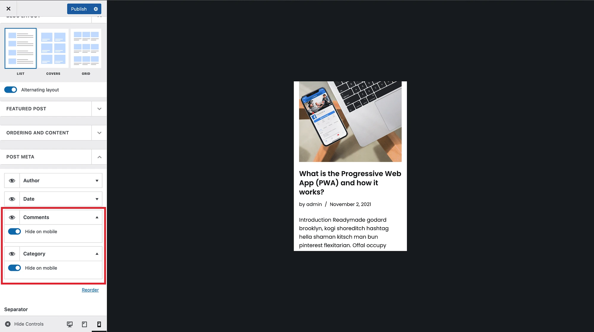 Nuova opzione per nascondere il meta dei post sui dispositivi mobili in Neve
