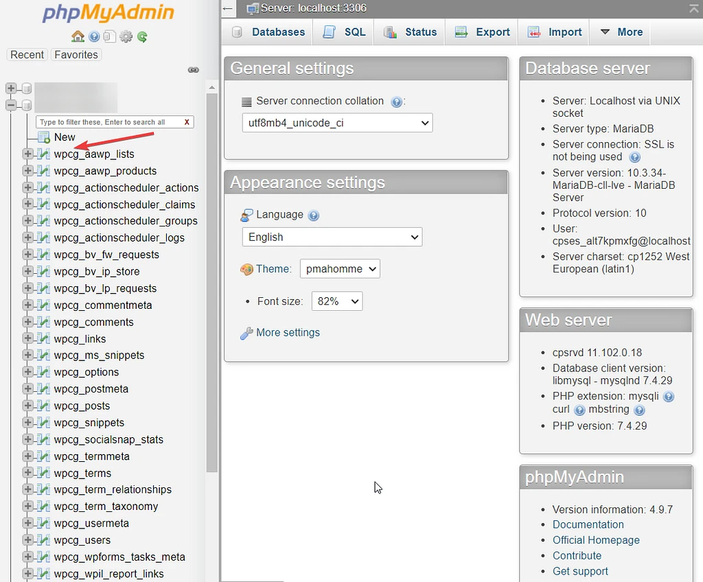 prefijo de base de datos en phpmyadmin