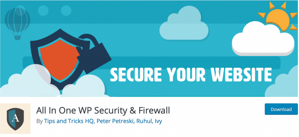 Semua dalam Satu Plugin Keamanan WP & Keamanan Firewall untuk WordPress Banner for All in One WP Security & FireWall, with the phrase "Secure Your Website" on top