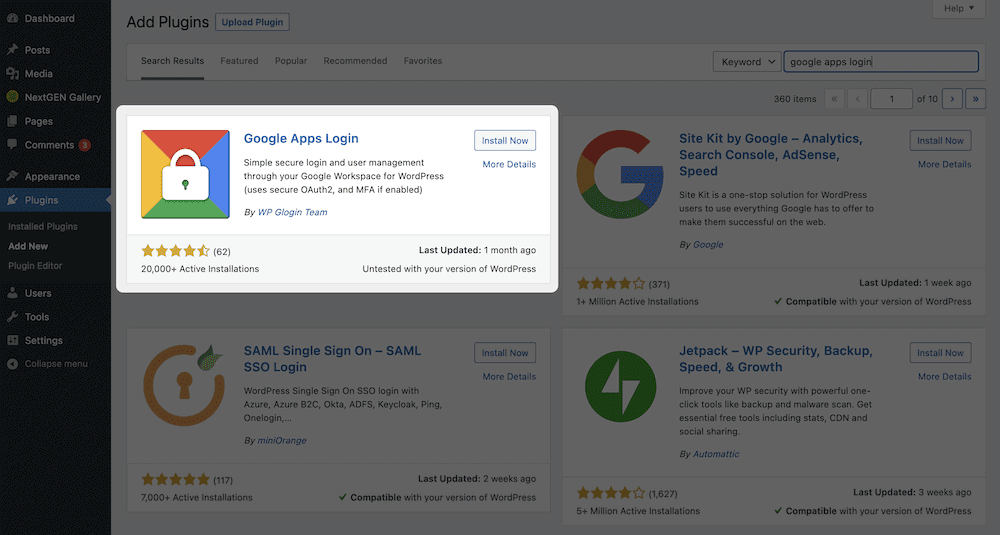 WordPress34にGoogleドライブドキュメントを埋め込むための簡単なガイド The Google Apps Login plugin install screen.
