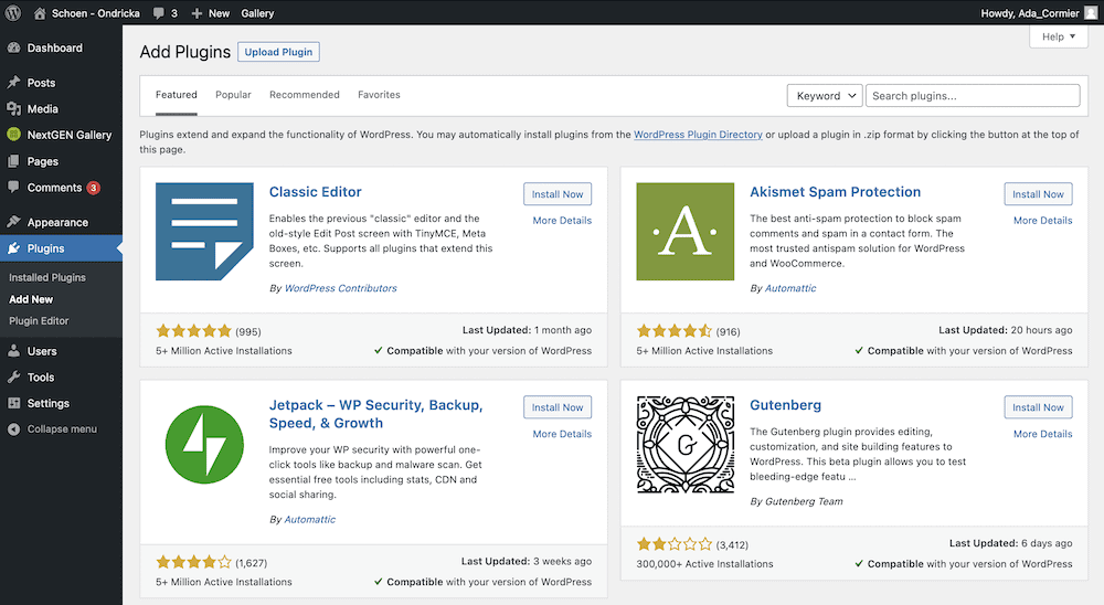WordPress32にGoogleドライブドキュメントを埋め込むための簡単なガイド The WordPress Add Plugins screen.