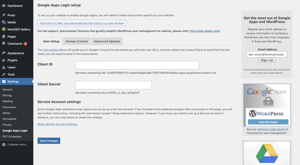 WordPress36にGoogleドライブドキュメントを埋め込むための簡単なガイド The Google Apps Login setup screen.