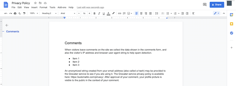 WordPress2にGoogleドライブドキュメントを埋め込むための簡単なガイド A Google Doc file.