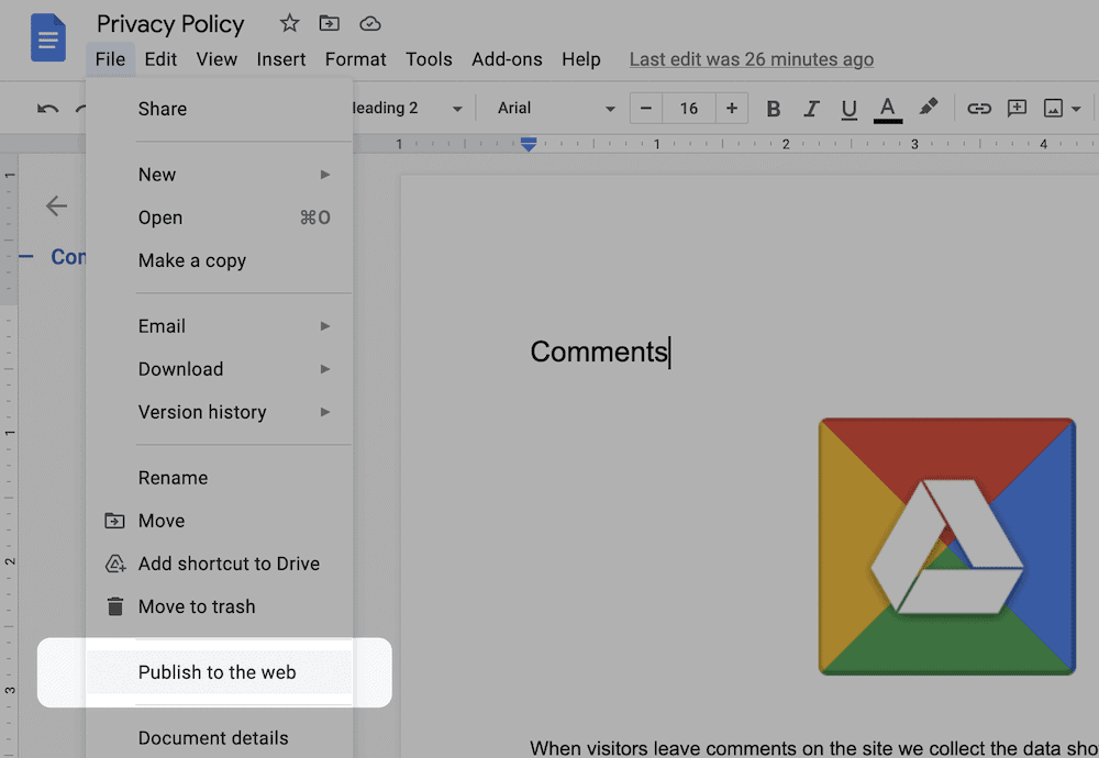 WordPress14にGoogleドライブドキュメントを埋め込むための簡単なガイド The Publish to the web option in Google Docs.