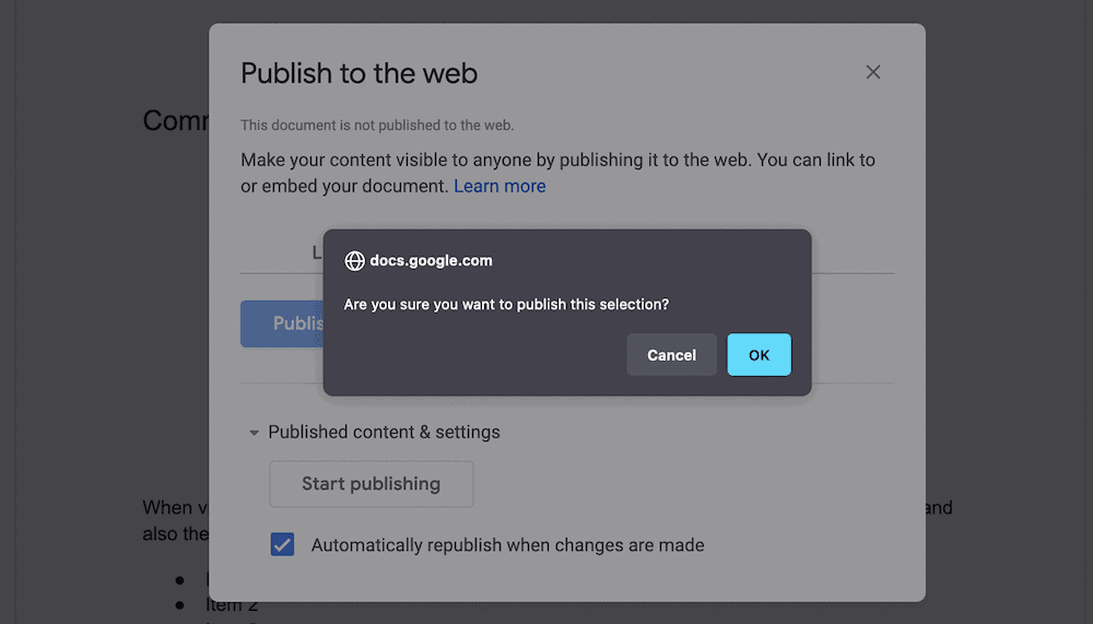 WordPress16にGoogleドライブドキュメントを埋め込むための簡単なガイド The Publish to the web dialog.
