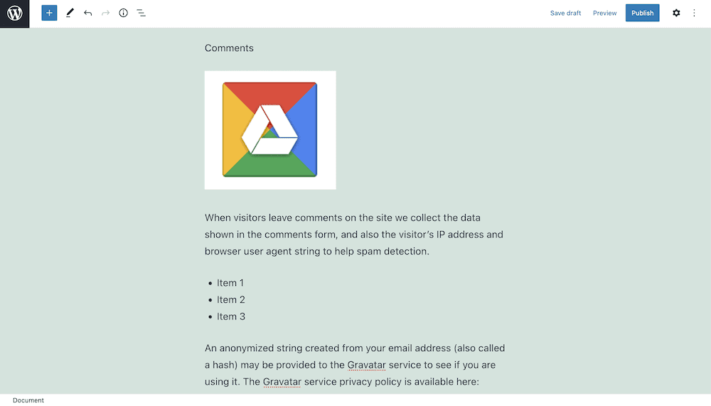 WordPress10にGoogleドライブドキュメントを埋め込むための簡単なガイド Pasting content into the WordPress Block Editor.