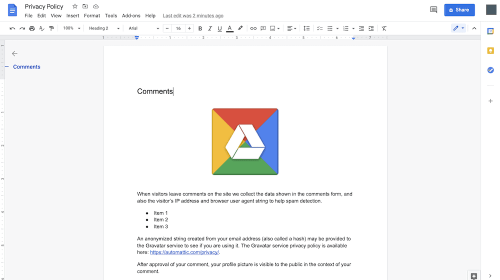 WordPress8にGoogleドライブドキュメントを埋め込むための簡単なガイド A Google Doc that includes an image.
