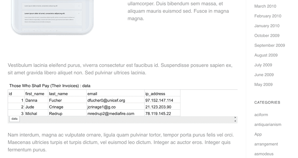 Come pubblicare i dati di Fogli Google su un sito Web WordPress 18 The front end of the site, showing the Google Sheets data.