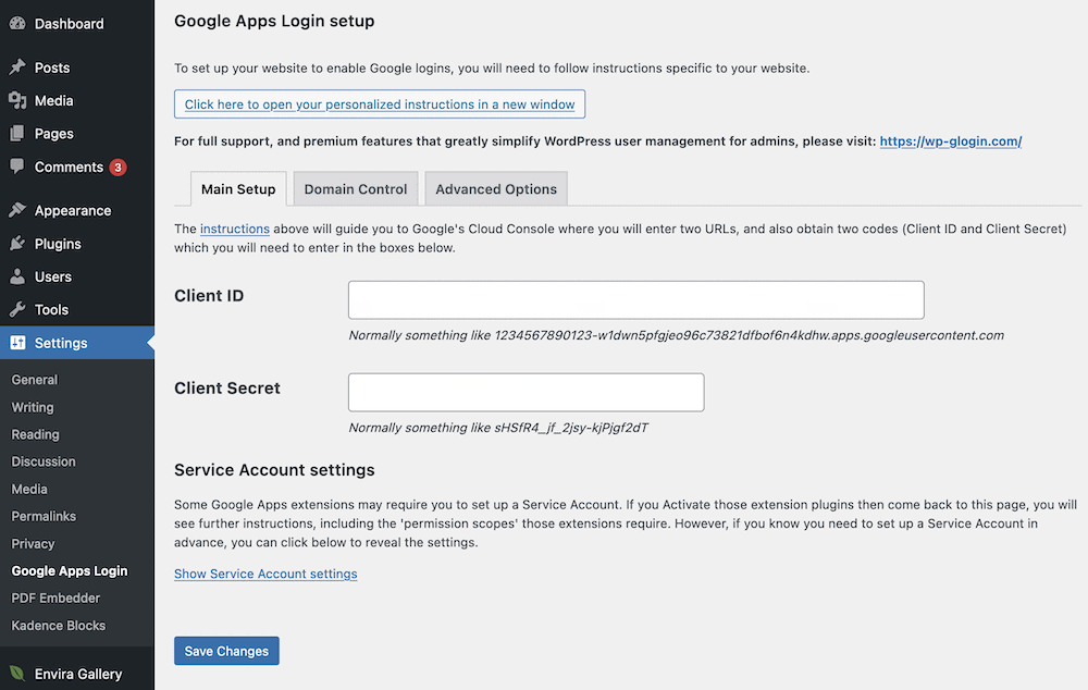 Come pubblicare i dati di Fogli Google su un sito Web WordPress 28 The Google Apps Login setup screen.
