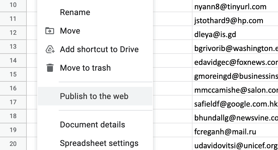 Come pubblicare i dati di Fogli Google su un sito Web WordPress 4 The Publish to the web option.