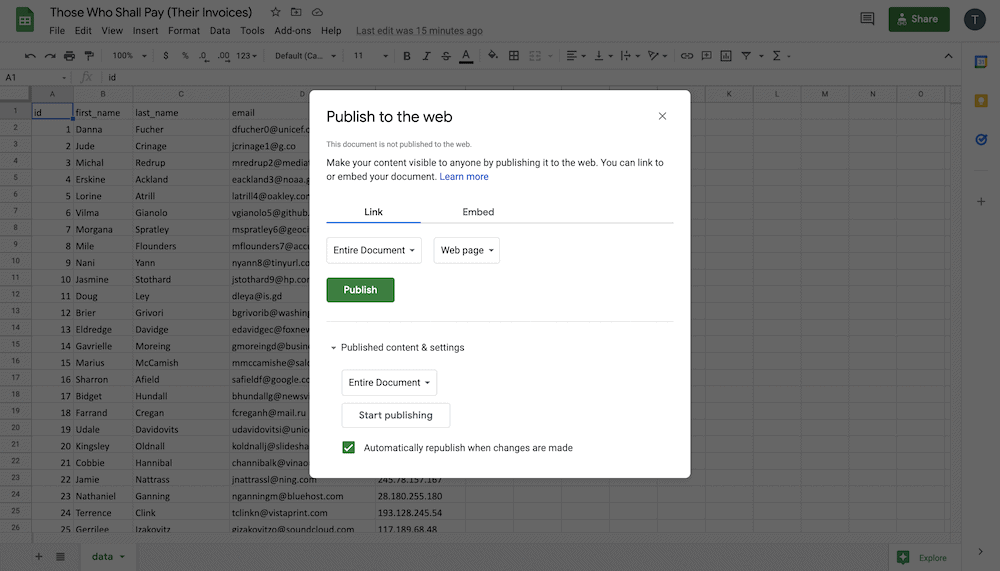 Come pubblicare i dati di Fogli Google su un sito Web WordPress 6 The Embed dialog.
