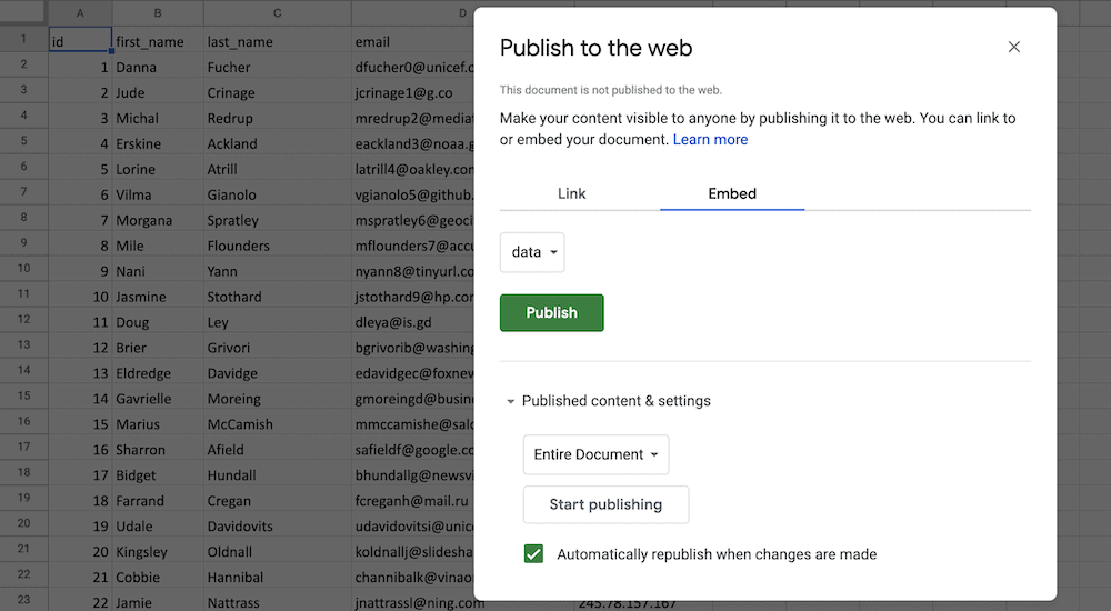 Come pubblicare i dati di Fogli Google su un sito Web WordPress 8 The Publish button.