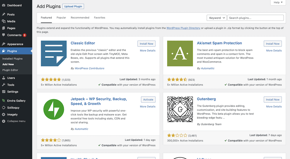 Come pubblicare i dati di Fogli Google su un sito Web WordPress 24 The WordPress Add new Plugins screen.