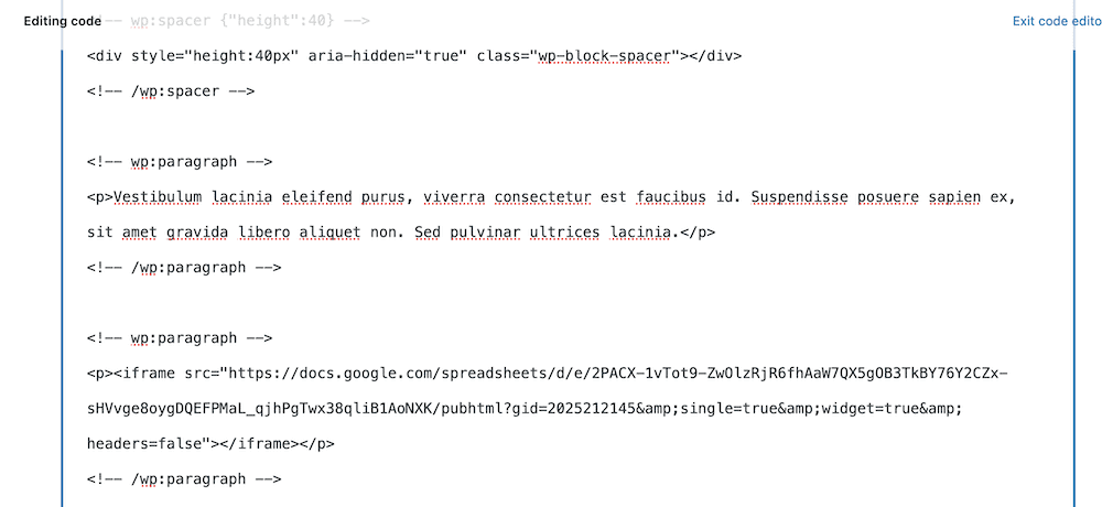 Come pubblicare i dati di Fogli Google su un sito Web WordPress 14 Pasting code into the Code editor.