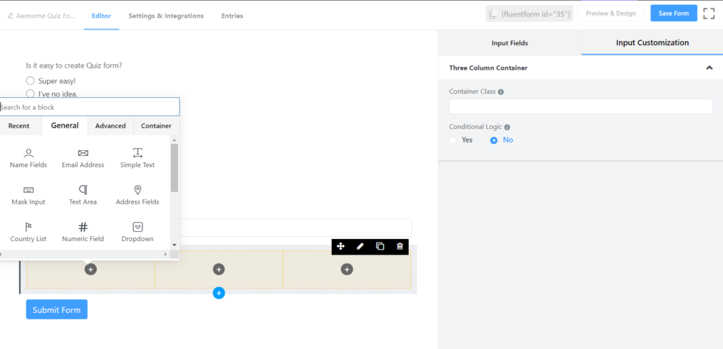 แบบทดสอบคอนเทนเนอร์หลายคอลัมน์ - Fluent Forms