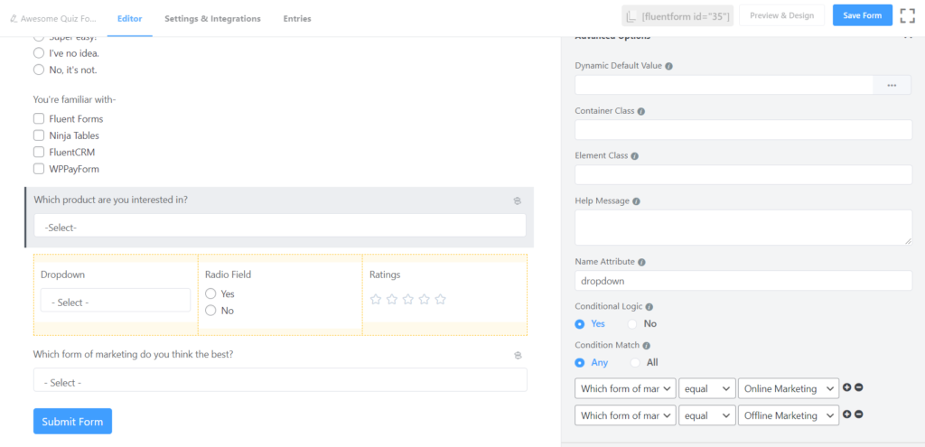 ลอจิกแบบมีเงื่อนไขบนแบบทดสอบ - Fluent Forms