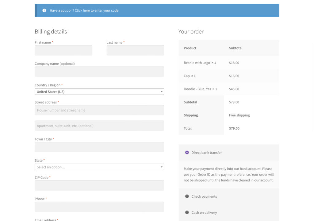 La página de pago predeterminada de WooCommerce