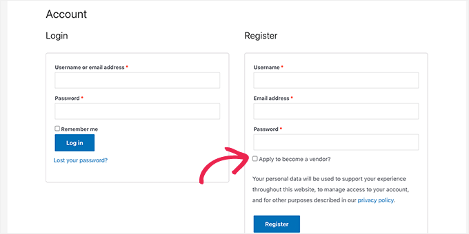 ベンダー登録ページ Vendor registration page