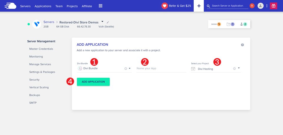 Agregar aplicación Divi Hosting Server Cloudways