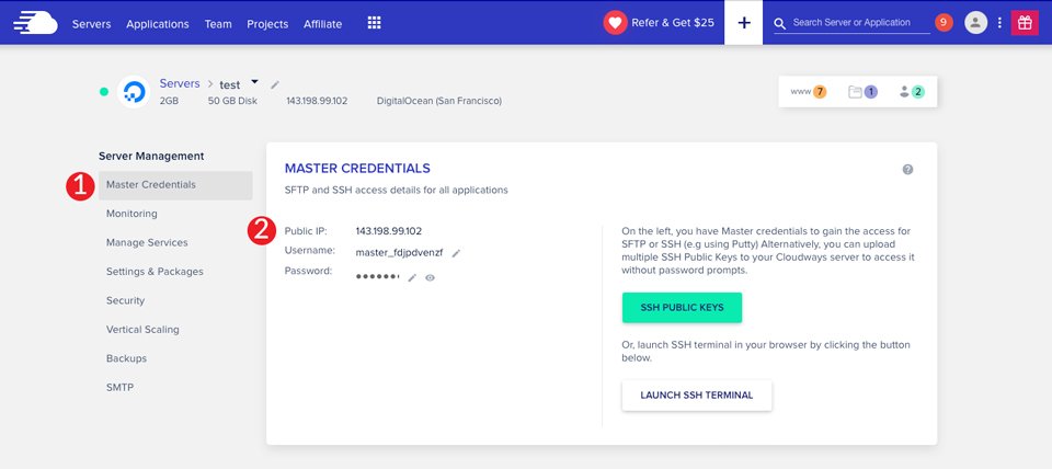 Credenciales maestras de alojamiento Divi Cloudways
