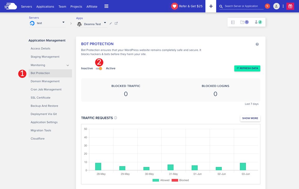 Servidor de alojamiento Divi Cloudways Protección contra bots