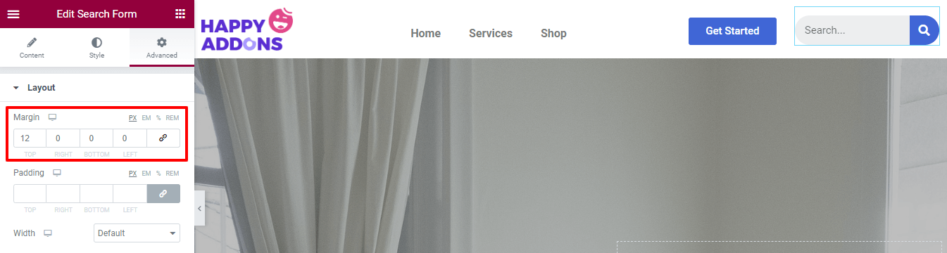 Elementor検索アイコンをWebサイトメニューに追加する方法7 Add Margin into the Layout area