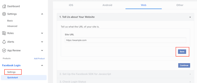 Facebookのソーシャルログイン設定 The Facebook social login settings