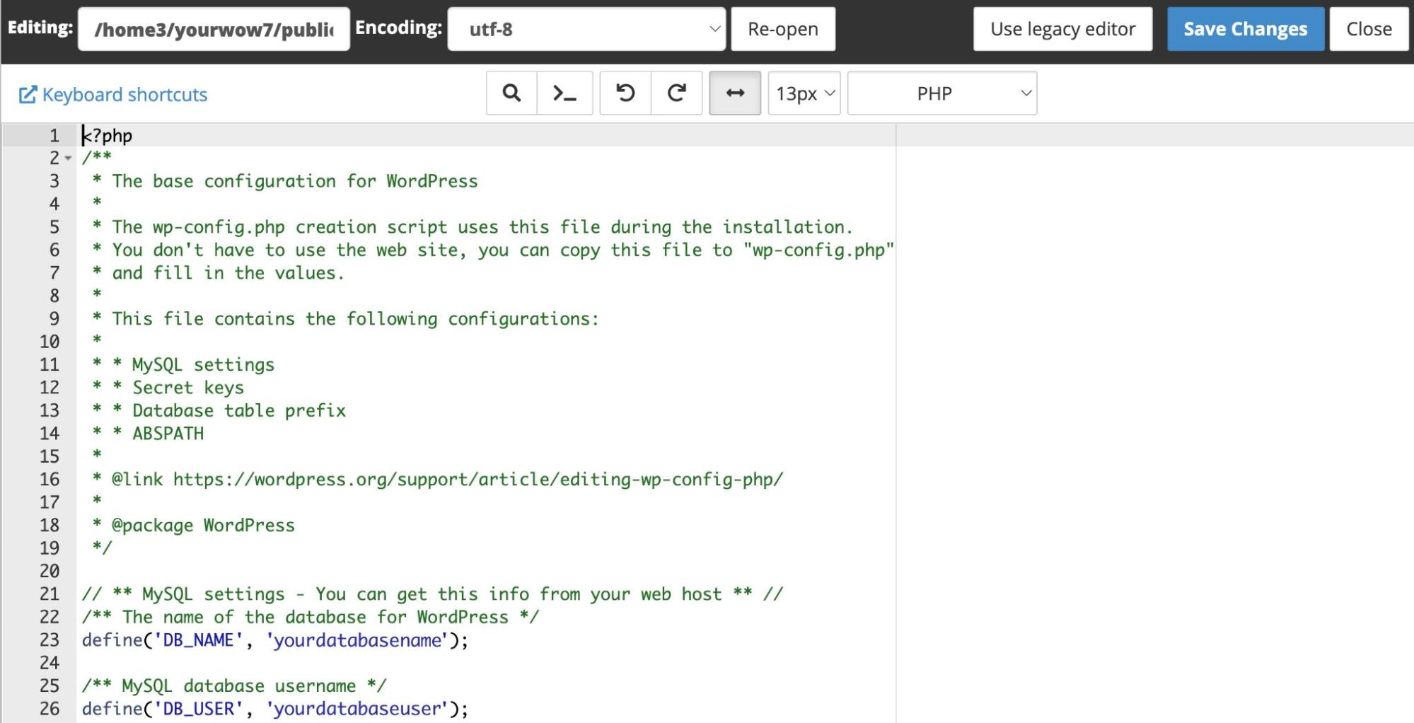 die Datei wp-config.php im cpanel