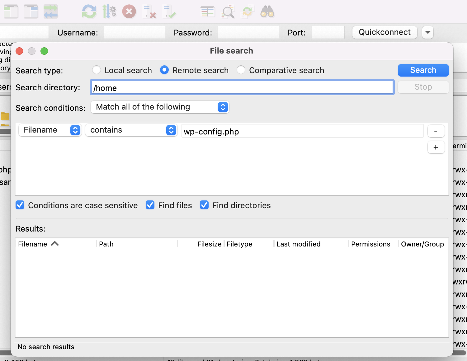 Suchformular in Filezilla