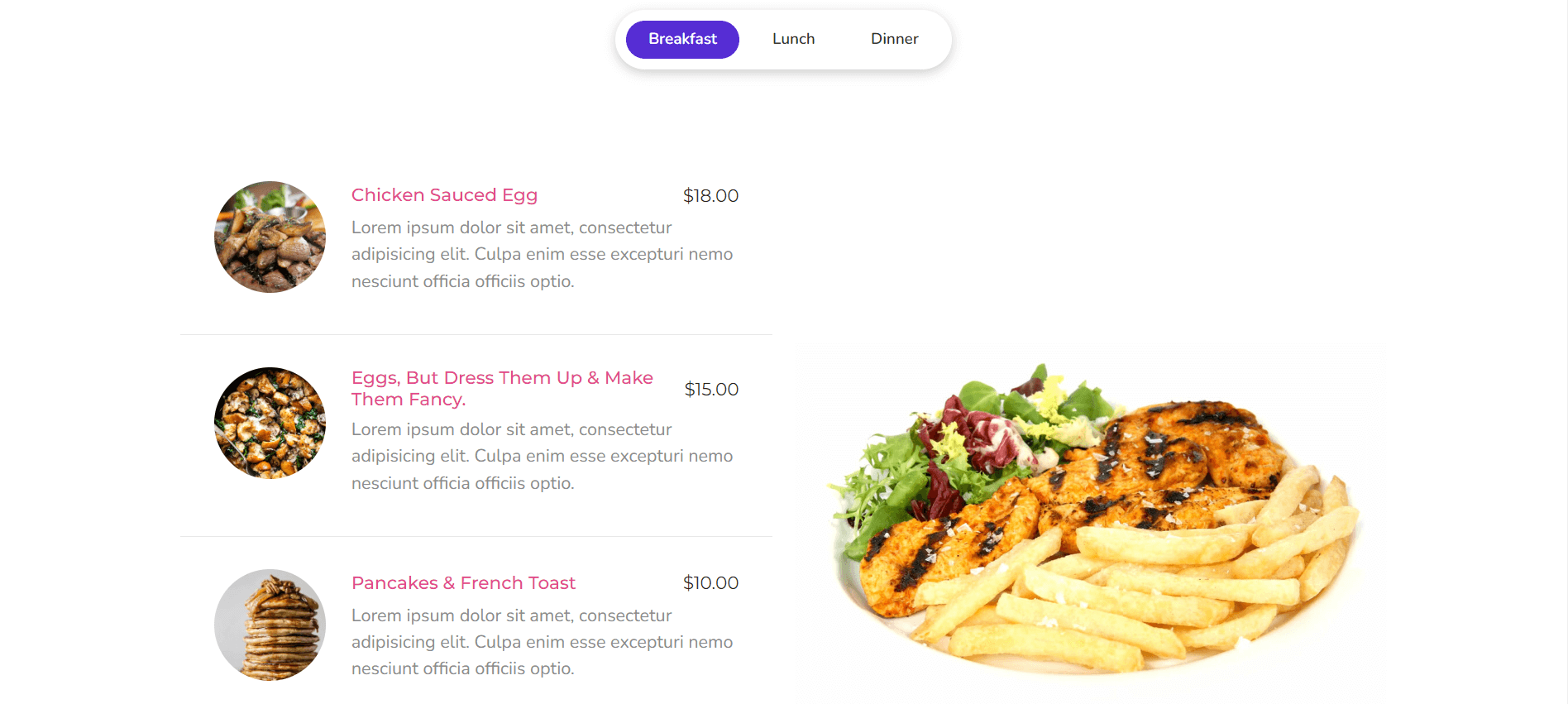 Cum să comutați conținut utilizând Happy Addons Content Switcher Widget 3 Show restaurant menus using content switcher