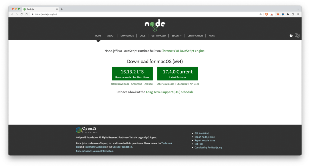Node.js 的網站主頁，為 macOS 用戶顯示了兩個綠色的下載按鈕。
