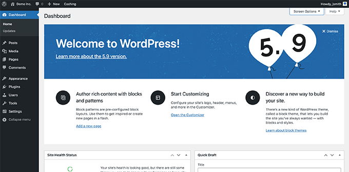 Tableau de bord WordPress WordPress dashboard