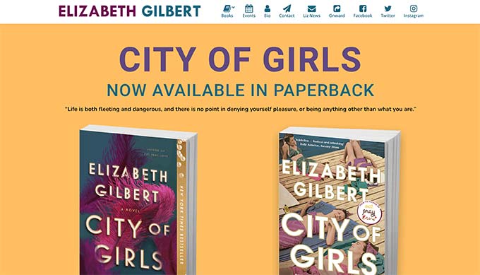 Elizabeth Gilbert - Exemple de site Web d'auteur Elizabeth Gilbert - Author website example